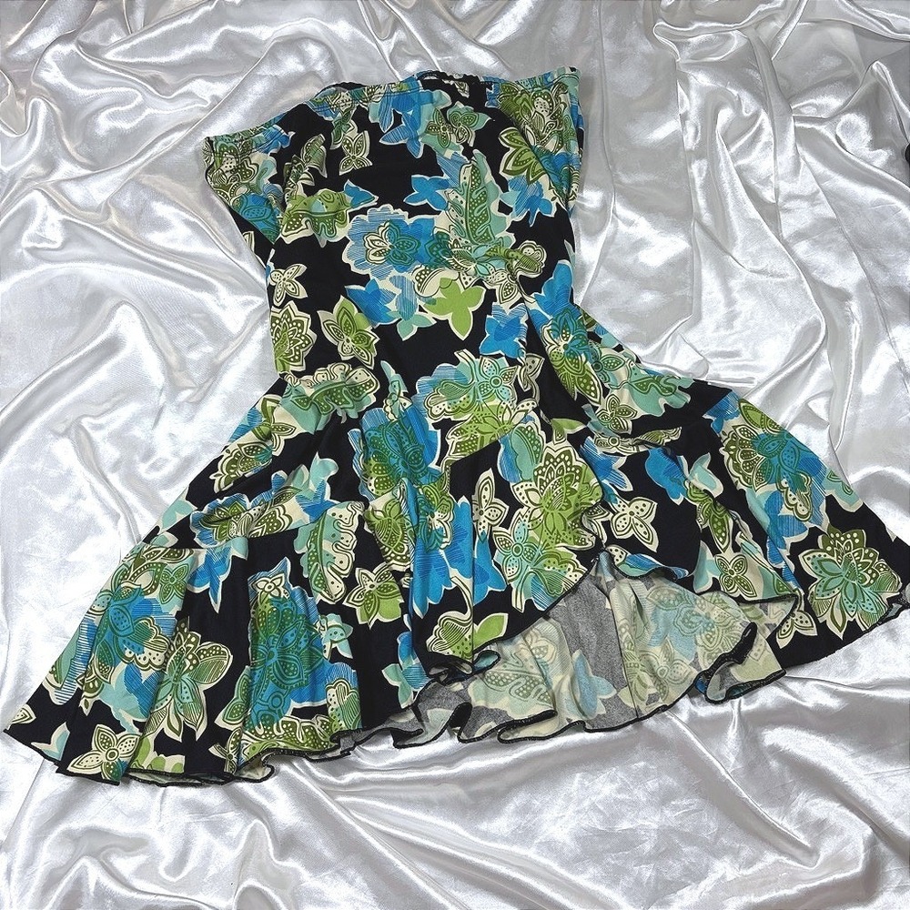 y2k midi skirt Black Excellent Floral Print Ruffle High Low Versailles L